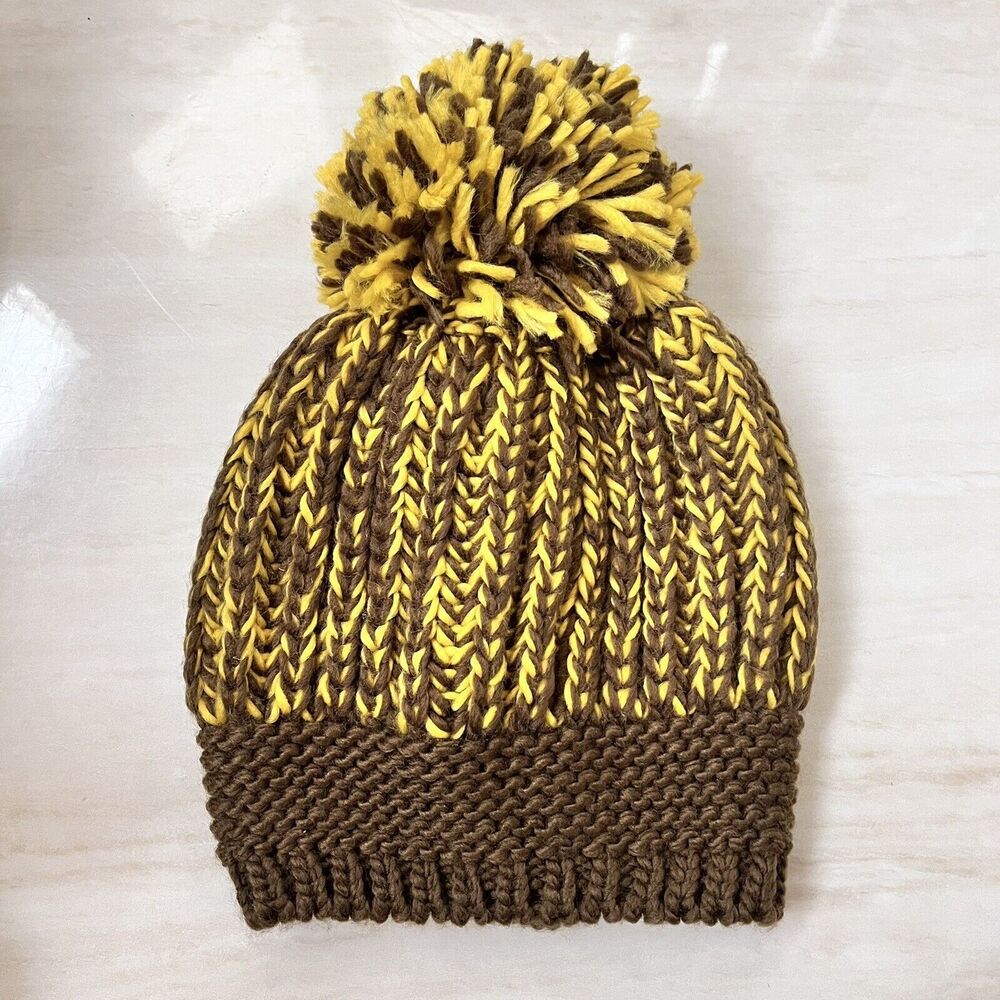Italy Design Unisex Pom Beanie Knit Brown and Yellow One Size
